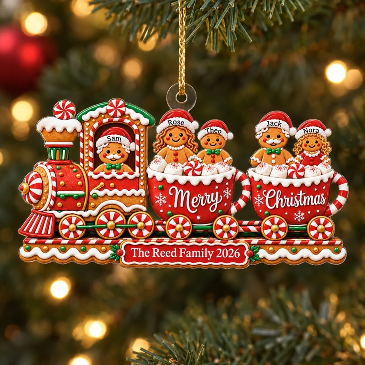 Gingerbread train family ornament live preview